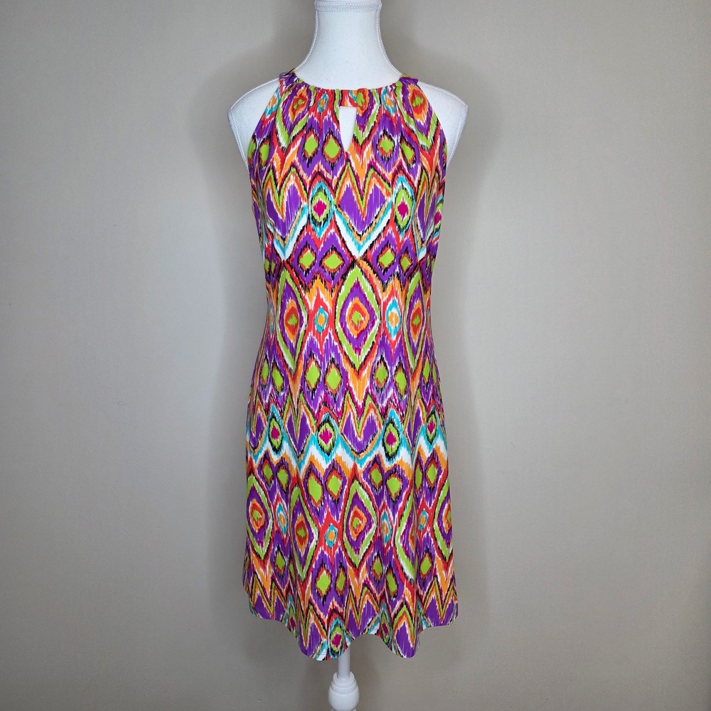 Jude Connally Womens Ikat‎ Print Halter Keyhole Dress Purple Green Orange Small